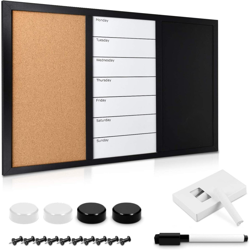 Navaris Combination Board 3 in 1 - Πίνακας 3 σε 1 με Μαυροπίνακα - Φελλό - Μαγνητικό Πίνακα 60 x 40cm - Black - 47164.01