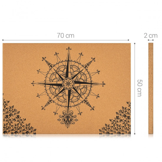 Navaris Cork Board Πίνακας Ανακοινώσεων από Φελλό - 70 x 50 x 2 cm - Design Baroque Compass - Brown - 48109.01
