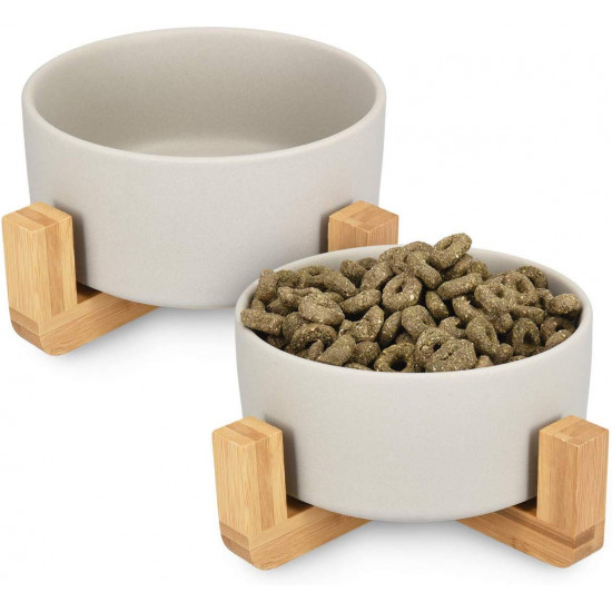 Navaris Cat Bowls with Wood Stands - Σετ με 2 Μπολ Φαγητού και Νερού με Βάση από Μπαμπού για Κατοικίδια - Grey / Brown - 48350.22