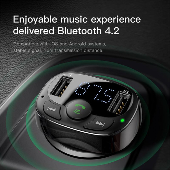 Baseus T Typed για Αναπαραγωγή Μουσικής / Handsfree Κλήσεις / Φόρτιση Κινητών στο Αυτοκίνητο 5V 3.4A Dual USB - Black - CCTM-01