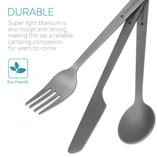 Navaris Titanium Camping Cutlery Set - Φορητό Σετ με Κουτάλι, Πιρούνι και Μαχαίρι από Τιτάνιο - Grey - 46937.02