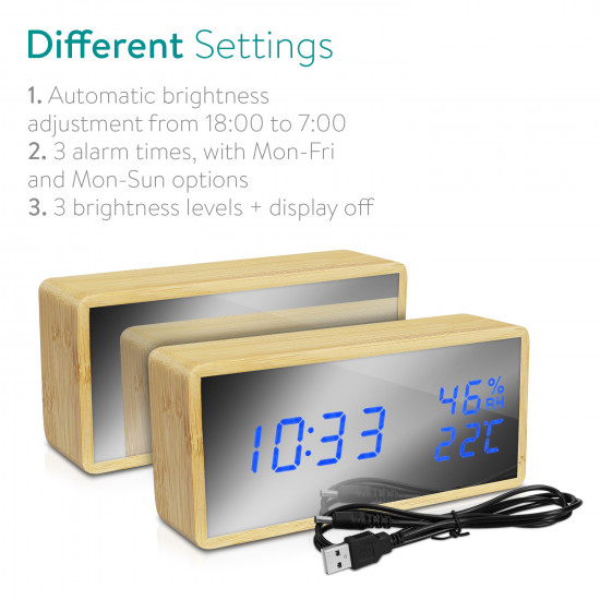 Navaris Digital Alarm LED Clock Mirror Front - Ψηφιακό Επιτραπέζιο Ρολόι και Ξυπνητήρι με Όψη Καθρέφτη - Light Brown - Blue LED - 50572.01.04