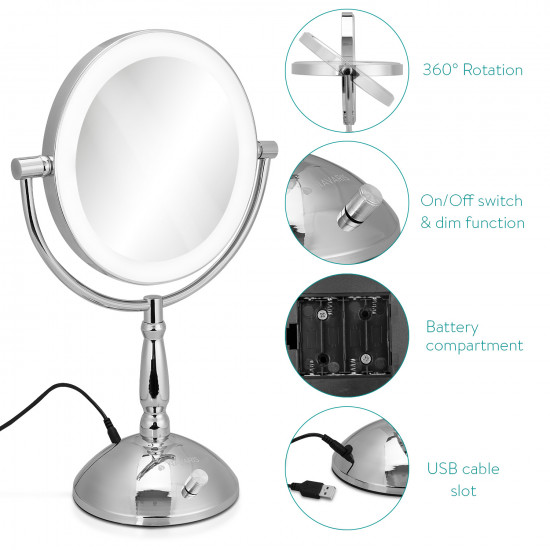Navaris LED Illuminated Two-Sided Vanity Makeup Mirror with 1x and 5x Magnification - Περιστρεφόμενος Φωτιζόμενος Καθρέπτης LED - Silver - 48928.42
