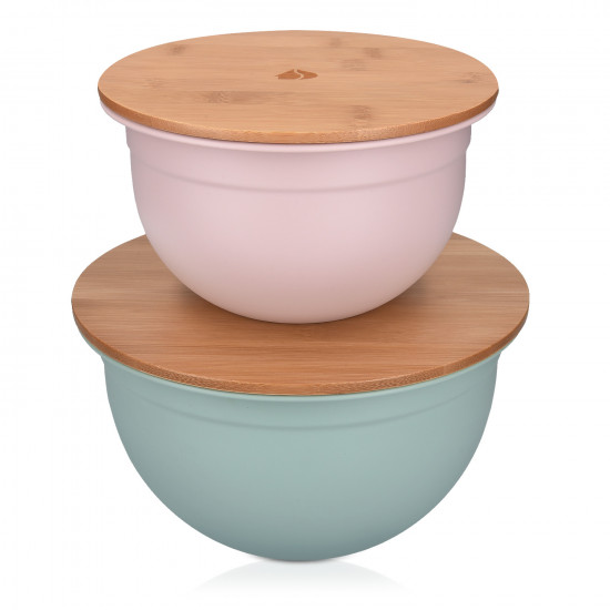 Navaris Metal Mixing Bowls with Wooden Lids Σετ με 2 Μεταλλικά Δοχεία Φαγητού με Καπάκι από Μπαμπού - Pink / Mint Green - 49209.02.32