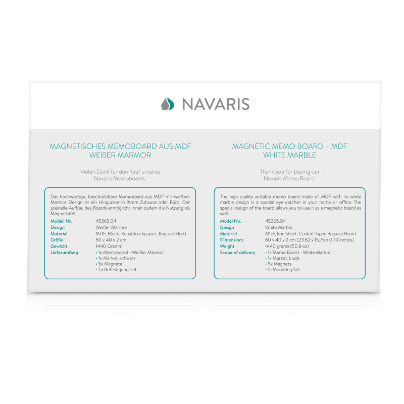 Navaris Μαγνητικός Πίνακας Ανακοινώσεων - 60 x 40 cm - White Marble - 45365.04 Navaris Μαγνητικός Πίνακας Ανακοινώσεων - 60 x 40 cm - White Marble - 45365.04