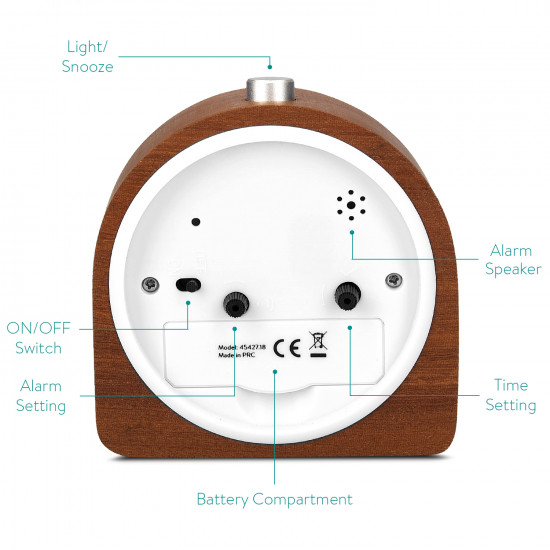 Navaris Analogue Wood Alarm Clock Design Half Round - Αναλογικό Επιτραπέζιο Ρολόι και Ξυπνητήρι - Dark Brown - 45427.18
