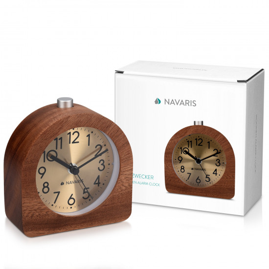 Navaris Analogue Wood Alarm Clock Design Half Round - Αναλογικό Επιτραπέζιο Ρολόι και Ξυπνητήρι - Gold / Dark Brown - 46228.18