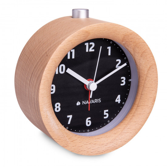 Navaris Analogue Wood Alarm Clock Design Round - Αναλογικό Επιτραπέζιο Ρολόι και Ξυπνητήρι - Black / Light Brown - 46269.24.03
