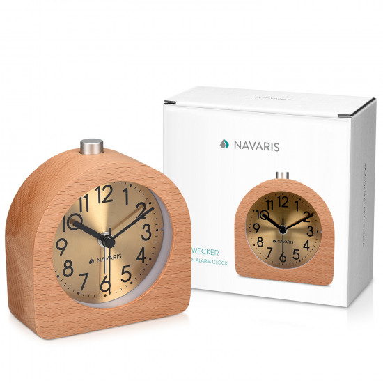 Navaris Analogue Wood Alarm Clock Design Half Round - Αναλογικό Επιτραπέζιο Ρολόι και Ξυπνητήρι - Gold / Light Brown - 46228.24