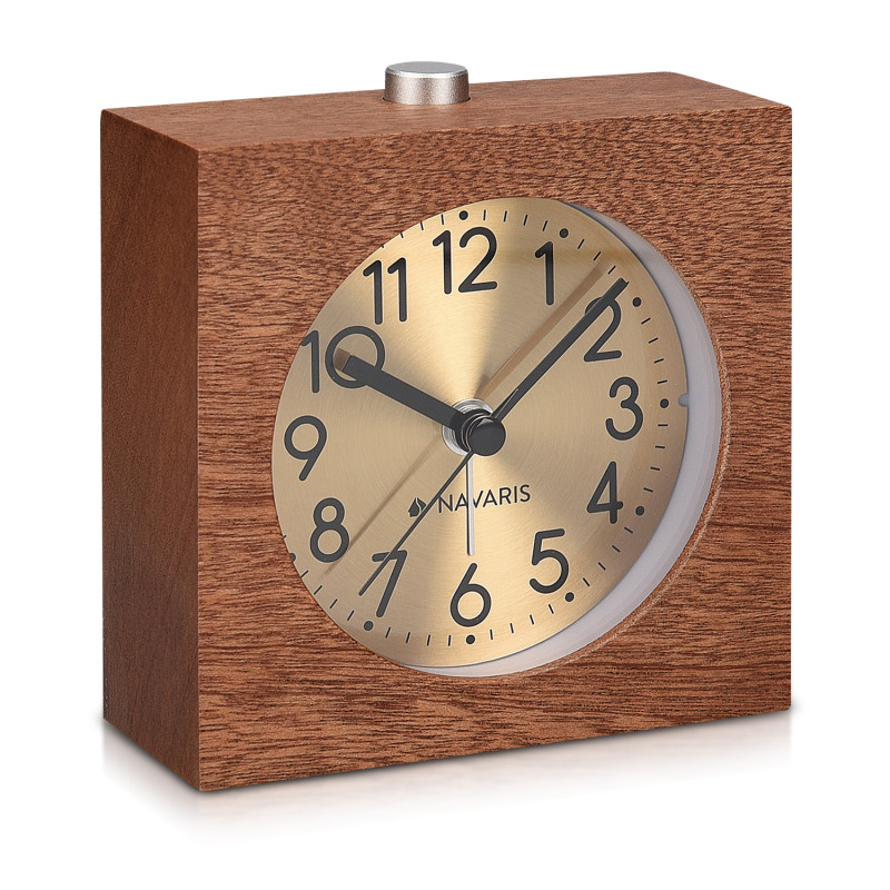 Navaris Analogue Wood Alarm Clock Design Square  - Αναλογικό Επιτραπέζιο Ρολόι και Ξυπνητήρι - Gold / Dark Brown - 46229.18