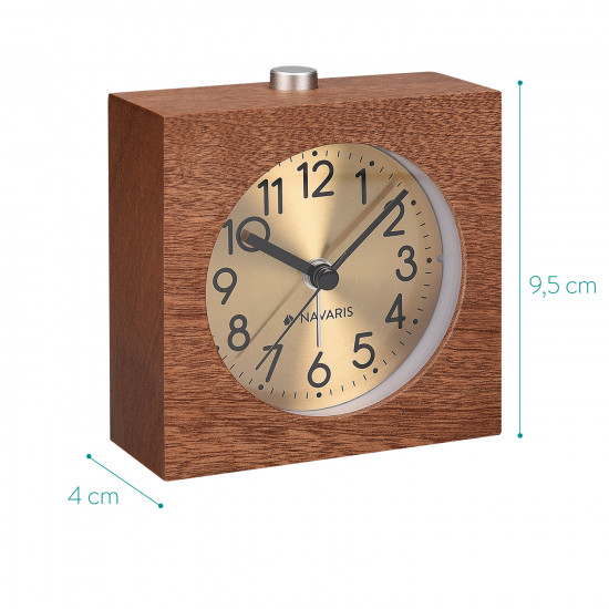 Navaris Analogue Wood Alarm Clock Design Square  - Αναλογικό Επιτραπέζιο Ρολόι και Ξυπνητήρι - Gold / Dark Brown - 46229.18