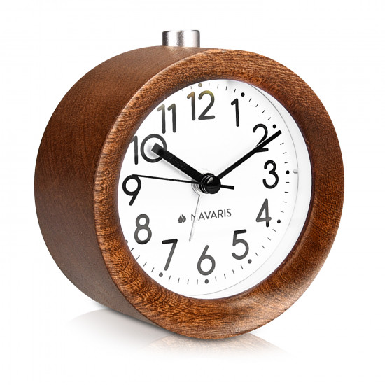 Navaris Analogue Wood Alarm Clock Design Round - Αναλογικό Επιτραπέζιο Ρολόι και Ξυπνητήρι - Dark Brown - 43907