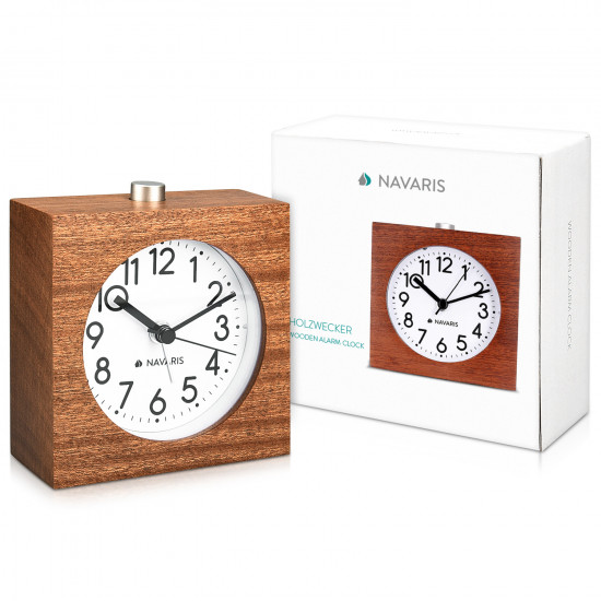 Navaris Analogue Wood Alarm Clock Design Square - Αναλογικό Επιτραπέζιο Ρολόι και Ξυπνητήρι - Dark Brown - 43906