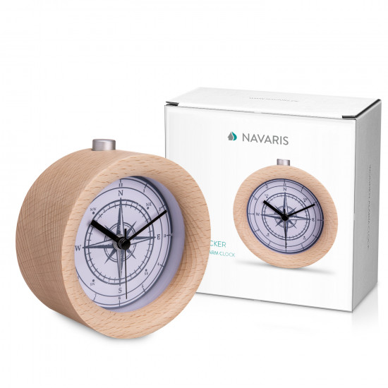 Navaris Analogue Wood Alarm Clock Design Vintage Compass - Αναλογικό Επιτραπέζιο Ρολόι και Ξυπνητήρι - Light Brown - 46269.24.04