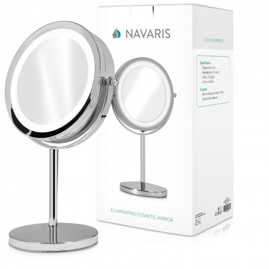 Navaris LED Illuminated Two-Sided Vanity Makeup Mirror - Περιστρεφόμενος Φωτιζόμενος Καθρέπτης LED - Silver - 43104