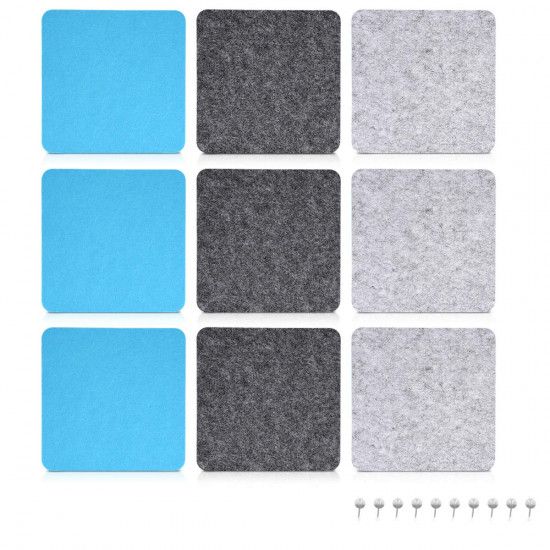 Navaris Square Felt Memo Boards - Σετ με 9 Πίνακες Ανακοινώσεων και Πινέζες - Light Grey / Dark Grey / Light Blue - 46231.01