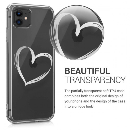 KW iPhone 11 Θήκη Σιλικόνης TPU Design Brushed Heart - Διάφανη / Silver - 49785.22