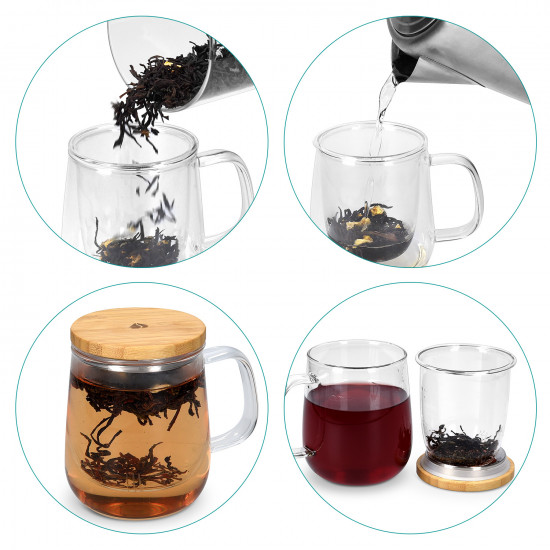 Navaris Tea Mug with Infuser and Bamboo Lid Κούπα για Τσάι με  Καπάκι από Μπαμπού - 500ml - Clear - 50093.01