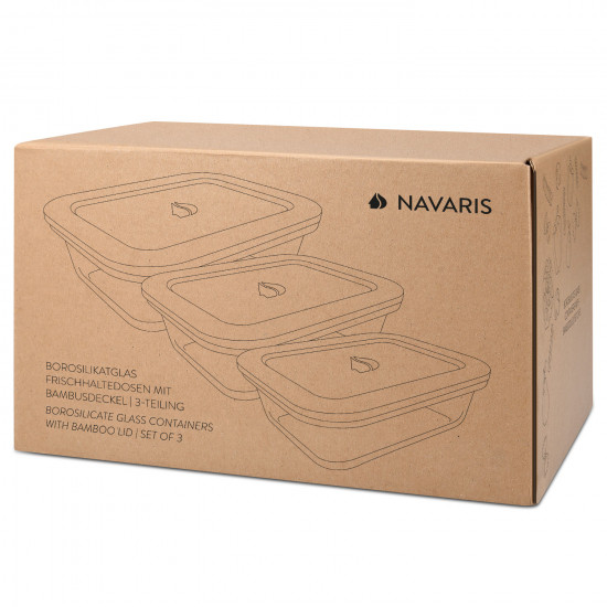 Navaris Glass Food Containers Σετ με 3 Γυάλινα Δοχεία Φαγητού - BPA Free - 49613.03