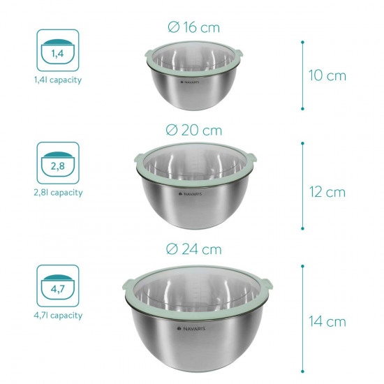 Navaris Stainless Steel Mixing Bowls Set of 3 Σετ με 3 Μεταλλικά Δοχεία Φαγητού - Mint Green - 49210.03.50