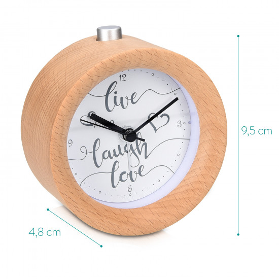 Navaris Analogue Wood Alarm Clock Design Live / Laugh / Love - Αναλογικό Επιτραπέζιο Ρολόι και Ξυπνητήρι - Light Brown - 46269.24.05