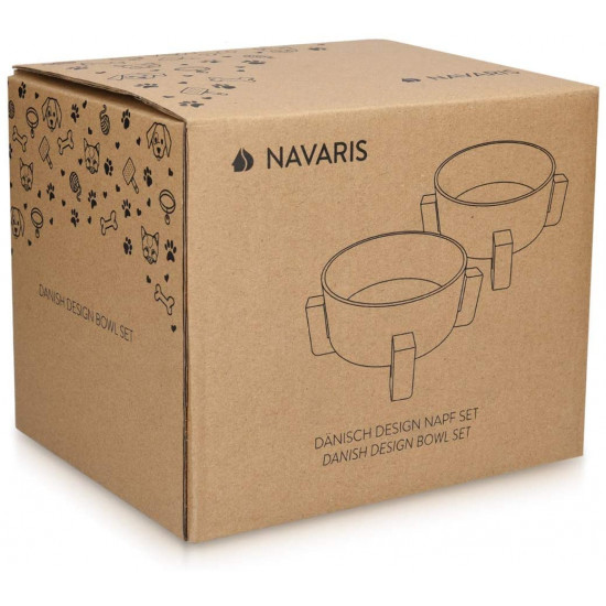 Navaris Cat Bowls with Wood Stands - Σετ με 2 Μπολ Φαγητού και Νερού με Βάση από Μπαμπού για Κατοικίδια - Grey / Brown - 48350.1.22