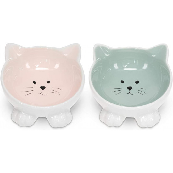 Navaris Cat Bowls with Ears Set of 2 - Σετ με 2 Μπολ Φαγητού και Νερού σε Σχήμα Γάτας - Pink / Green - 50736.02