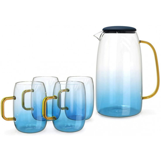 Navaris Glass Water Carafe with Silicone Lid and 4 Glasses Γυάλινη Κανάτα Νερού με Καπάκι Σιλικόνης και 4 Ποτήρια - 1,55L - Blue / Διάφανη - 51066.04.05