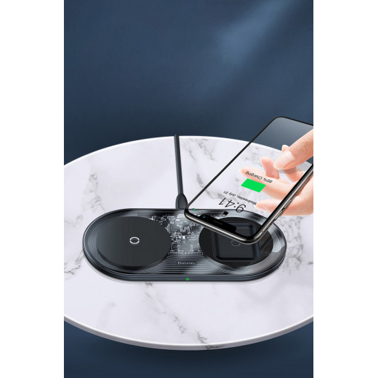 Baseus Simple 2in1 Wireless Charger for Smartphones - Ασύρματος Φορτιστής Qi Charge 15W - Μαύρο / Διάφανο - WXJK-A01