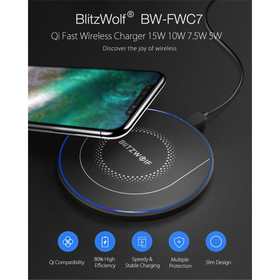 BlitzWolf BW-FWC7 15W Wireless Charger for Smartphones - Ασύρματος Φορτιστής Qi Charge με Καλώδιο Type-C - Black