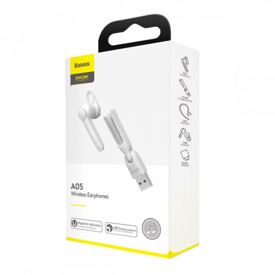 Baseus A05 Magnetic Bluetooth Earphone - Ασύρματο ακουστικό με Μαγνητική Βάση Φόρτισης - White - NGA05-02