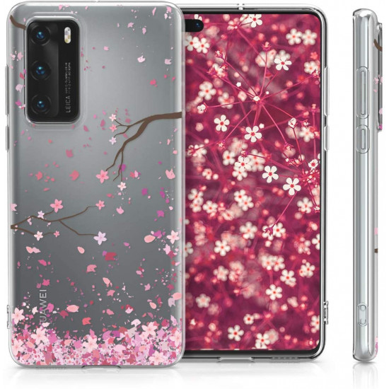 KW Huawei P40 Θήκη Σιλικόνης TPU Design Cherry Blossoms - Light Pink / Dark Brown - Διάφανη - 52162.03