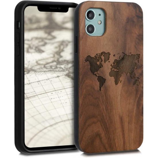 KW iPhone 11 Θήκη από Φυσικό Ξύλο Design Travel Outline - Dark Brown - 49799.03