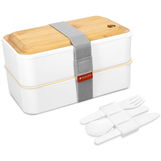 Navaris Bento Box Set Δύο Δοχεία Φαγητού με Μαχαιροπίρουνα και Καπάκι από Μπαμπού - 1.2L - White - 47407.01.16