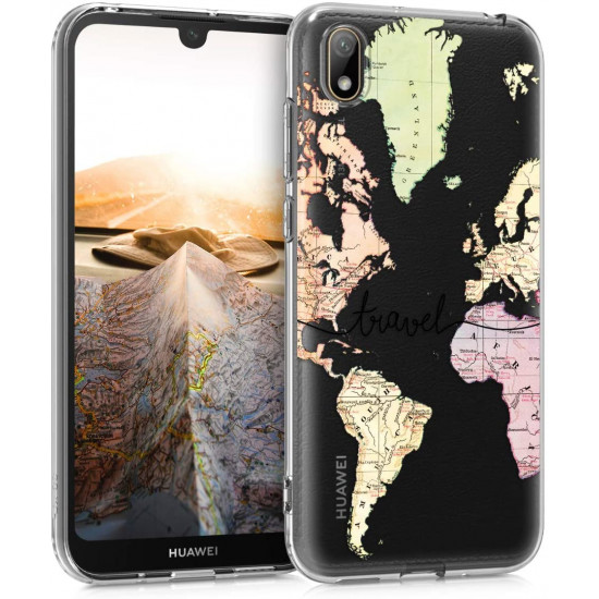KW Huawei Y5 2019 Θήκη Σιλικόνης TPU Design Travel - Multicolor / Black - Διάφανη - 52158.01