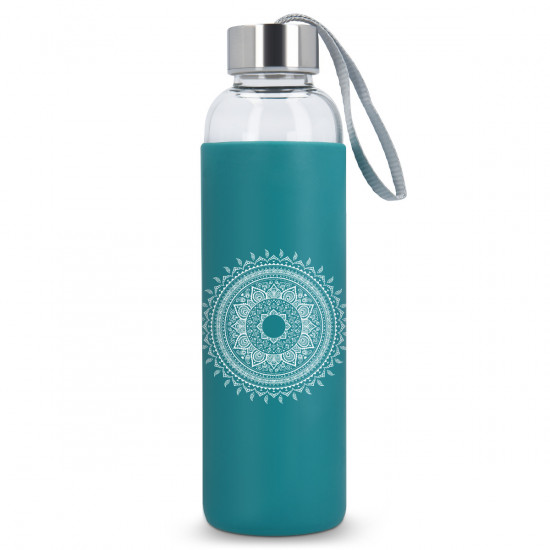 Navaris Γυάλινο Μπουκάλι Νερού με Κάλυμμα Σιλικόνης - Design Indian Sun - 550ml - Petrol - 51823.78.01