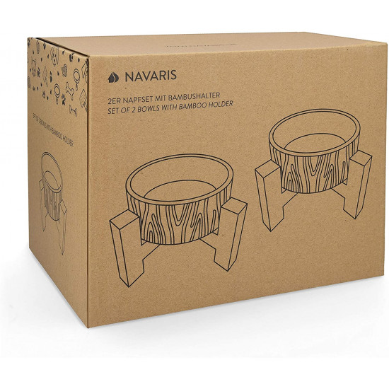 Navaris Cat Bowls with Wood Stands - Σετ με 2 Μπολ Φαγητού και Νερού με Βάση από Μπαμπού για Κατοικίδια - Beige - 52177.43.1