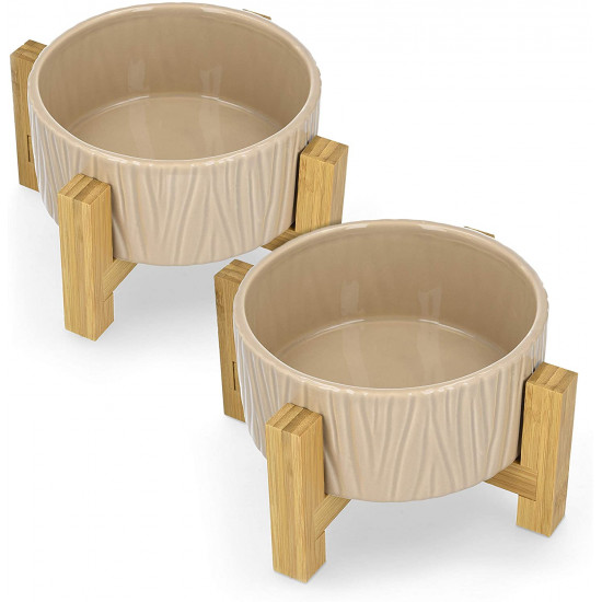 Navaris Cat Bowls with Wood Stands - Σετ με 2 Μπολ Φαγητού και Νερού με Βάση από Μπαμπού για Κατοικίδια - Beige - 52177.43.2