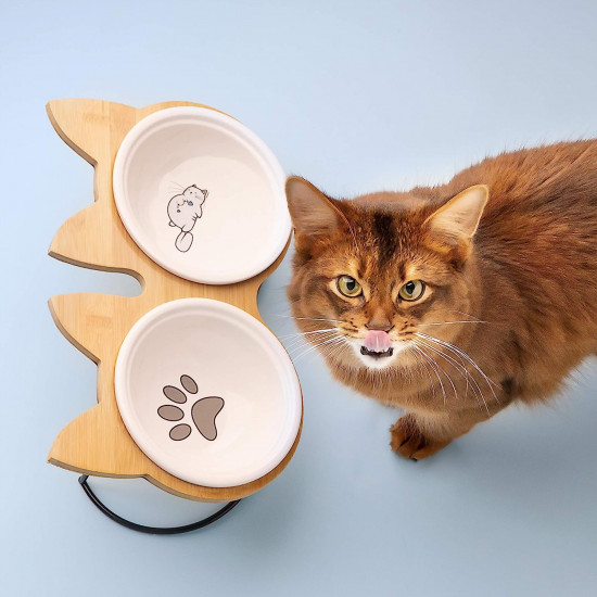 Navaris Ceramic Cat Bowls with Wood Stands - Σετ με 2 Μπολ Φαγητού και Νερού με Βάση από Μπαμπού και Μέταλλο για Κατοικίδια - Brown - 51991.01