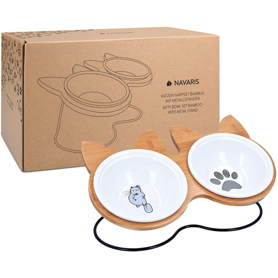 Navaris Ceramic Cat Bowls with Wood Stands - Σετ με 2 Μπολ Φαγητού και Νερού με Βάση από Μπαμπού και Μέταλλο για Κατοικίδια - Brown - 51991.01