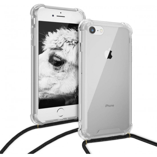 KW iPhone SE 2022 / SE 2020 / 7 / 8 Θήκη Σιλικόνης TPU με Λουράκι - Διάφανη / Black - 47247.03