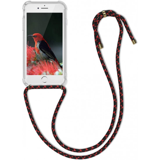 KW iPhone SE 2022 / SE 2020 / 7 / 8 Θήκη Σιλικόνης TPU με Λουράκι - Διάφανη / Black / Red - 47247.09