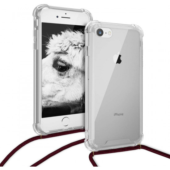 KW iPhone SE 2022 / SE 2020 / 7 / 8 Θήκη Σιλικόνης TPU με Λουράκι - Διάφανη / Dark Red - 47247.20