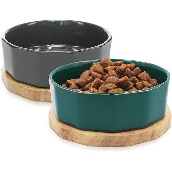 Navaris Ceramic Dog Bowls with Wood Underlay - Σετ με 2 Μπολ Φαγητού και Νερού με Βάση από Ξύλο Βελανιδιάς και Κεραμικό για Κατοικίδια - Dark Green / Gray - 50946.80