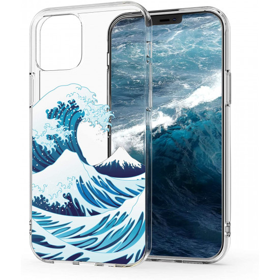 KW iPhone 12 / iPhone 12 Pro Θήκη Σιλικόνης TPU Design Japanese Wave - Διάφανη / Blue / White - 53039.03