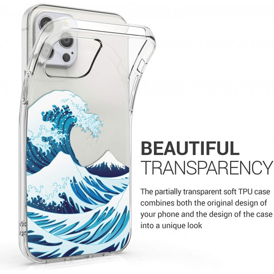 KW iPhone 12 / iPhone 12 Pro Θήκη Σιλικόνης TPU Design Japanese Wave - Διάφανη / Blue / White - 53039.03