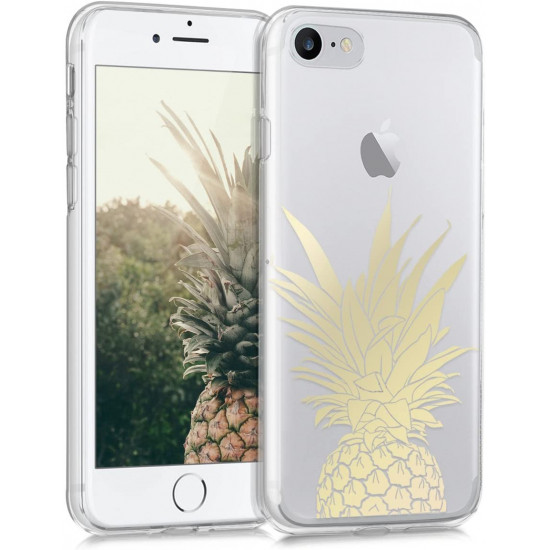 KW iPhone SE 2022 / SE 2020 / 7 / 8 Θήκη Σιλικόνης TPU Design Pineapple Shrub - Gold - Διάφανη - 39459.17