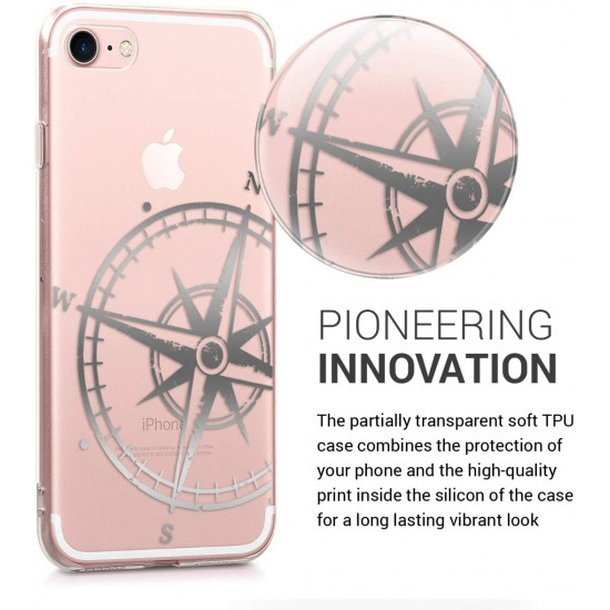 KW iPhone SE 2022 / SE 2020 / 7 / 8 Θήκη Σιλικόνης TPU Design Navigational Compass - Silver - Διάφανη - 39459.38