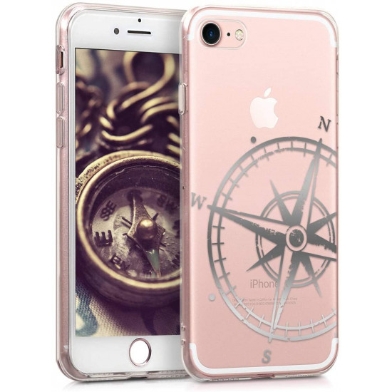 KW iPhone SE 2022 / SE 2020 / 7 / 8 Θήκη Σιλικόνης TPU Design Navigational Compass - Silver - Διάφανη - 39459.38