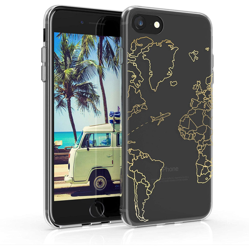 KW iPhone SE 2022 / SE 2020 / 7 / 8 Θήκη Σιλικόνης TPU Design Travel and Explore - Gold - Διάφανη - 51618.10